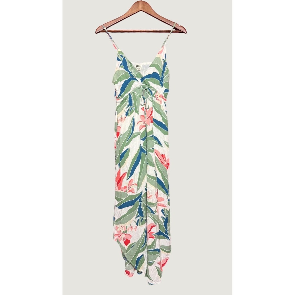 Billabong Maxi Dress Women Medium White Floral Tropical Handkerchief Hem